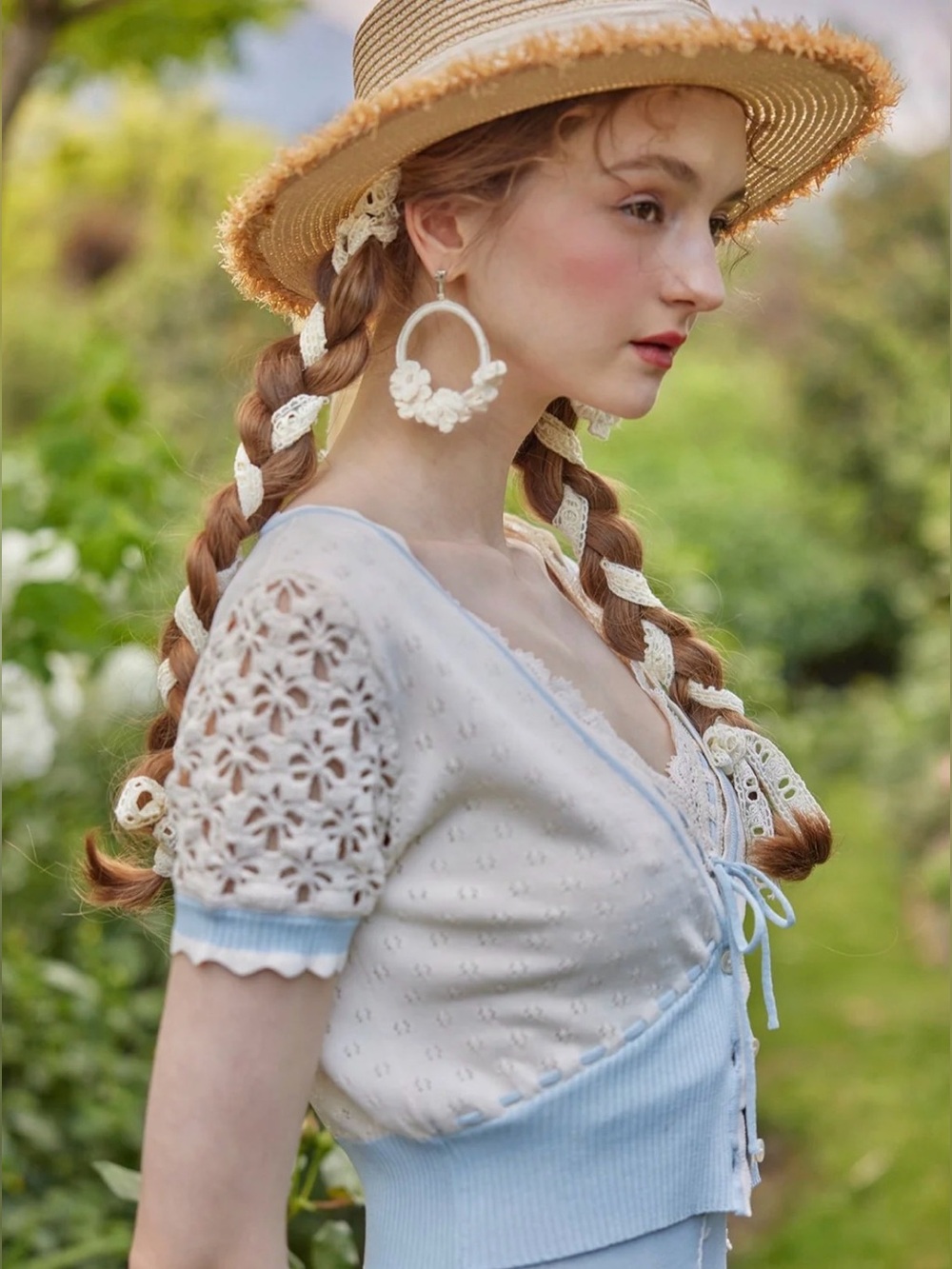 Lacemade Cream Blue Crochet Pointelle Cropped Cardigan Coquette M